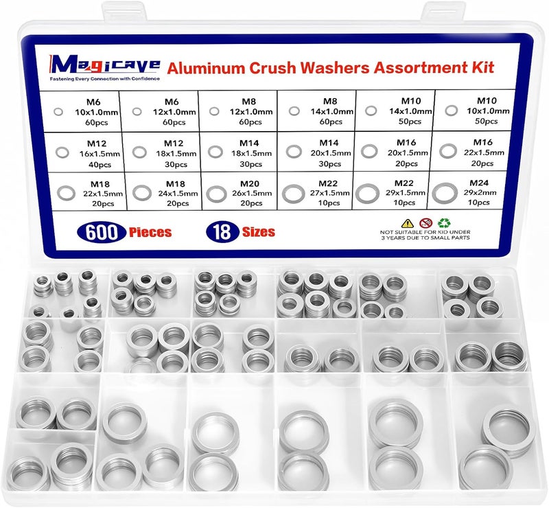Magicave Store 600 Pcs Aluminum Crush Washer Assortment Kit – 18 Sizes Oil Drain Plug Gasket Assortment, Drain Plug Washer Kit for Automotive Oil Pan Repair (M6 to M24) - Image 1